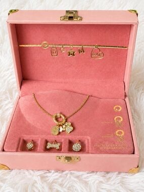 Charm Bar 14KT Gold Plate Dog Mom Paw Print Bone Charm Necklace Set